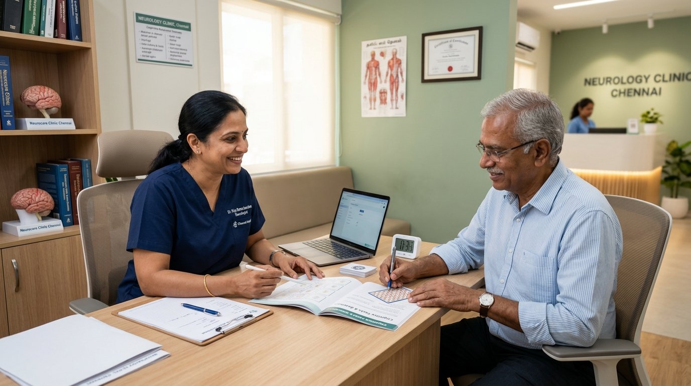 Doctor providing cognitive therapy and memory consultation to senior patient